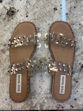 Steve Madden Tan Slide Sandals with Clear Studded Straps